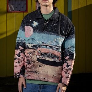 NWOT Rebel Vengeance Mens Tapestry Jacket Vintage Car Moon Desert Graphic Size L